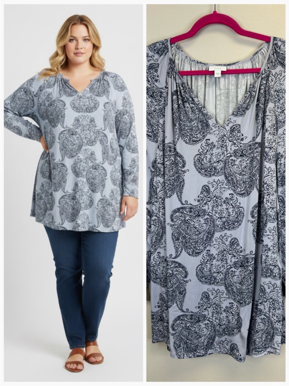 Pure Jill Light Blue Paisley V-Neck Tunic Top 2X Plus Size Flowy Soft Boho Casua